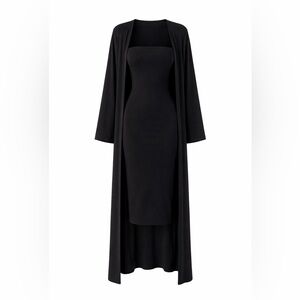 Two-Piece Black Tube Dress Set with Long Kimono Jacket